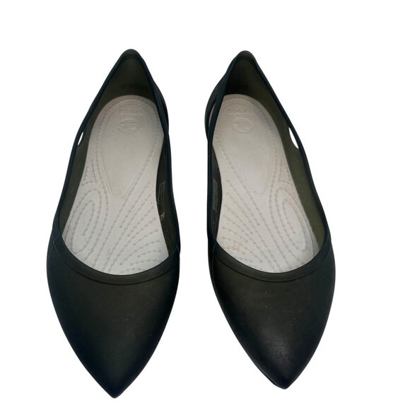 CROCS WOMEN’S BLACK POINTED TOE FLATS W7 MATTE RUBBER COMFORT BALLET SHOES - Picture 2 of 16